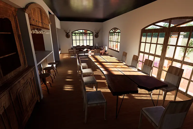 Comedor de Casa La Herradura con ventanas en arco, render