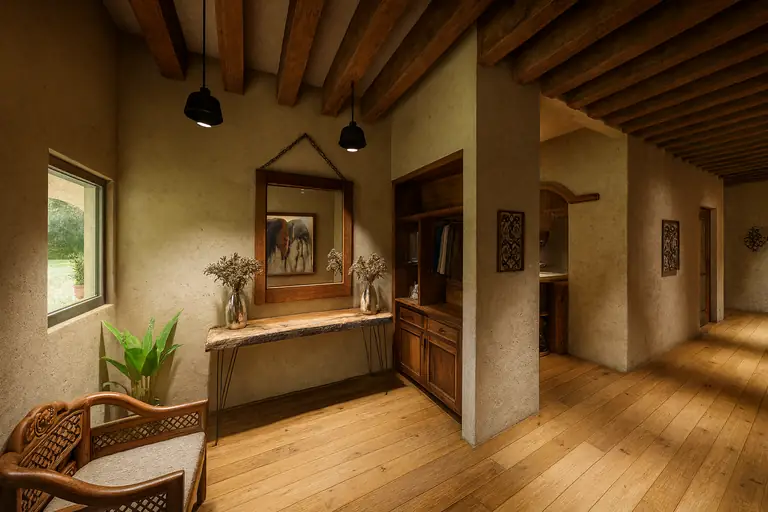 Interior de Casa La Herradura con vigas de madera, render
