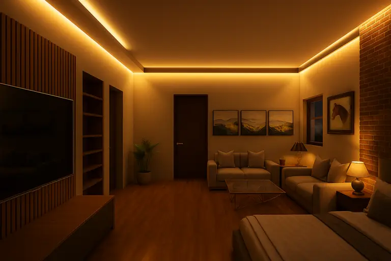 Interior de Casa La Herradura con iluminación cálida, render