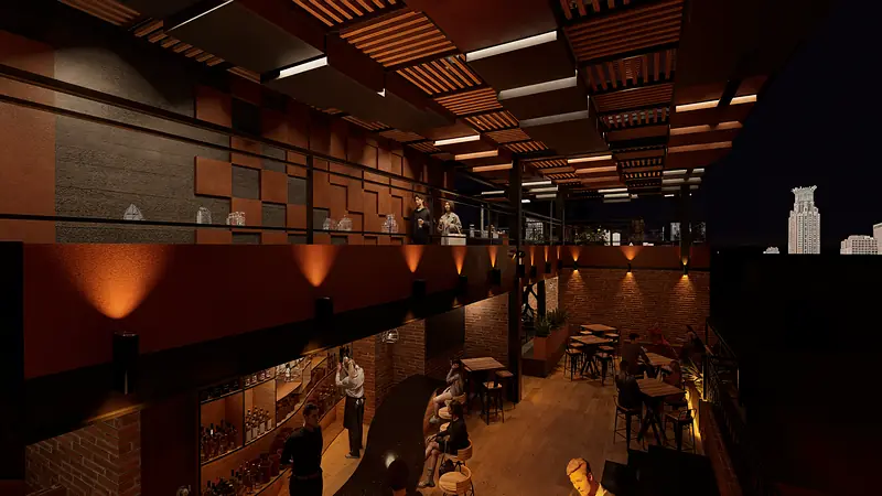 Interior nocturno del bar de Terraza Isabel, render