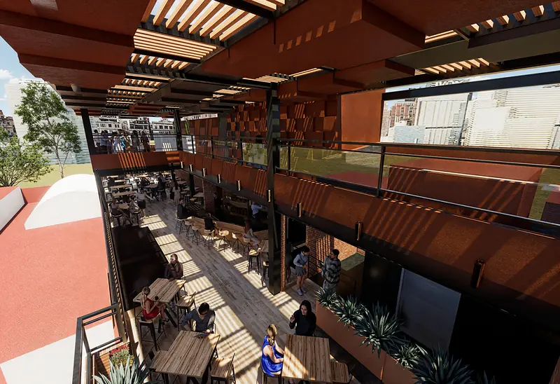 Vista aérea diurna de Terraza Isabel en el Centro Histórico, render