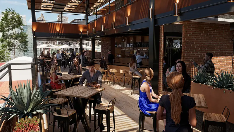 Terraza Isabel con comensales, render