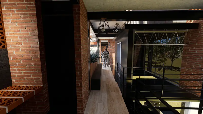 Render de la terraza en azotea con piso rojo y vista al Centro Histórico