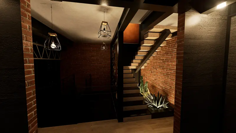 Render del bar con escalera metálica y muros de ladrillo