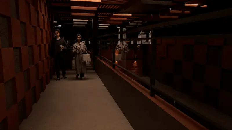 Render del corredor interior de la terraza con luz nocturna
