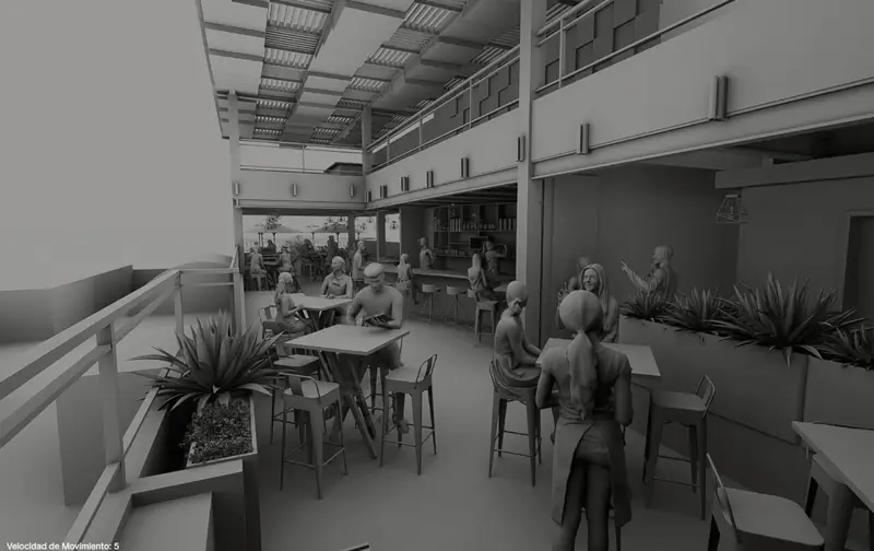 Render en escala de grises de la terraza y su mobiliario