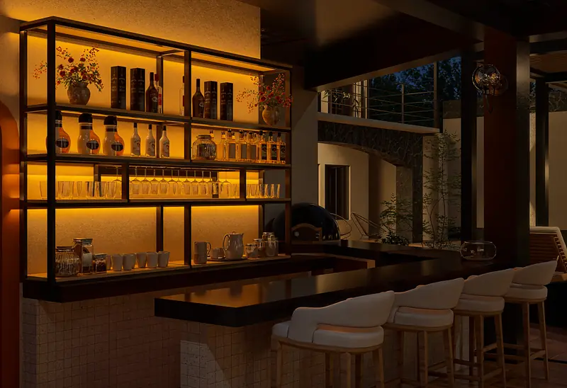 Bar de Casa Palomares con repisas iluminadas, render