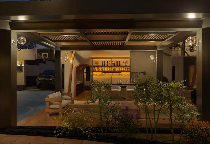 Estancia-bar bajo pérgola con vista al jardín en Casa Palomares, render