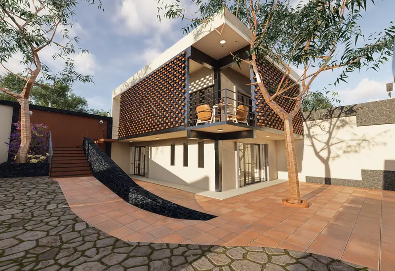 Fachada de Casa Palomares con celosía de ladrillo, render