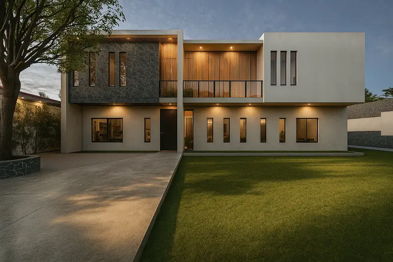 Fachada de Casa Palomares al atardecer con jardín, render