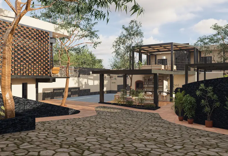 Exterior de Casa Palomares con celosía y vegetación, render
