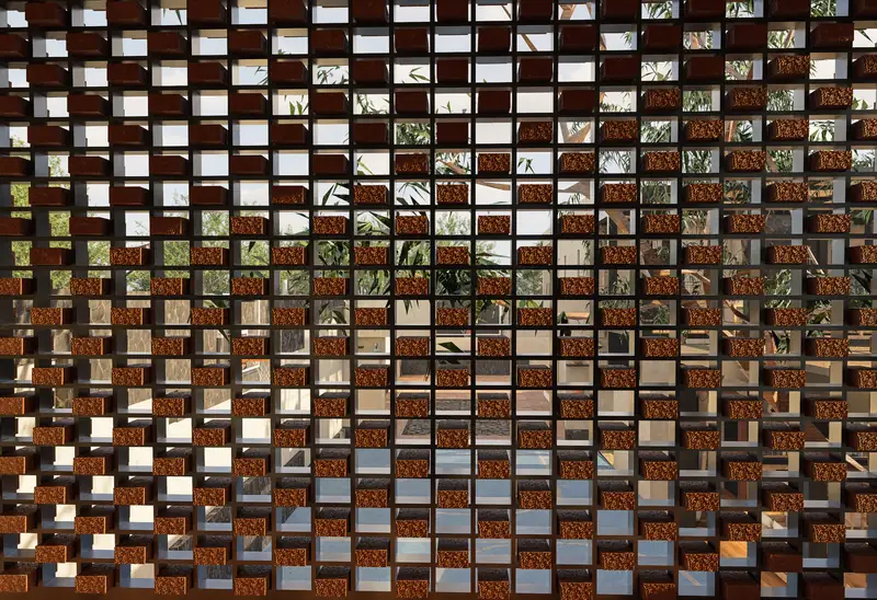 Detalle de la celosía de ladrillo de Casa Palomares, render