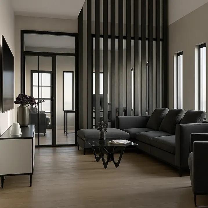 Estancia de oficinas con cancelería negra, render