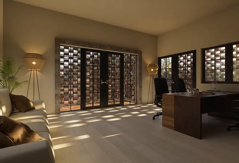 Interior con luz filtrada por la celosía, render