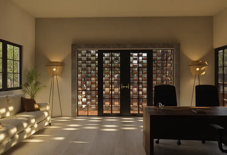 Despacho interior con madera y vegetación, render