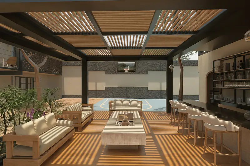 Estancia-bar bajo pérgola de madera, render