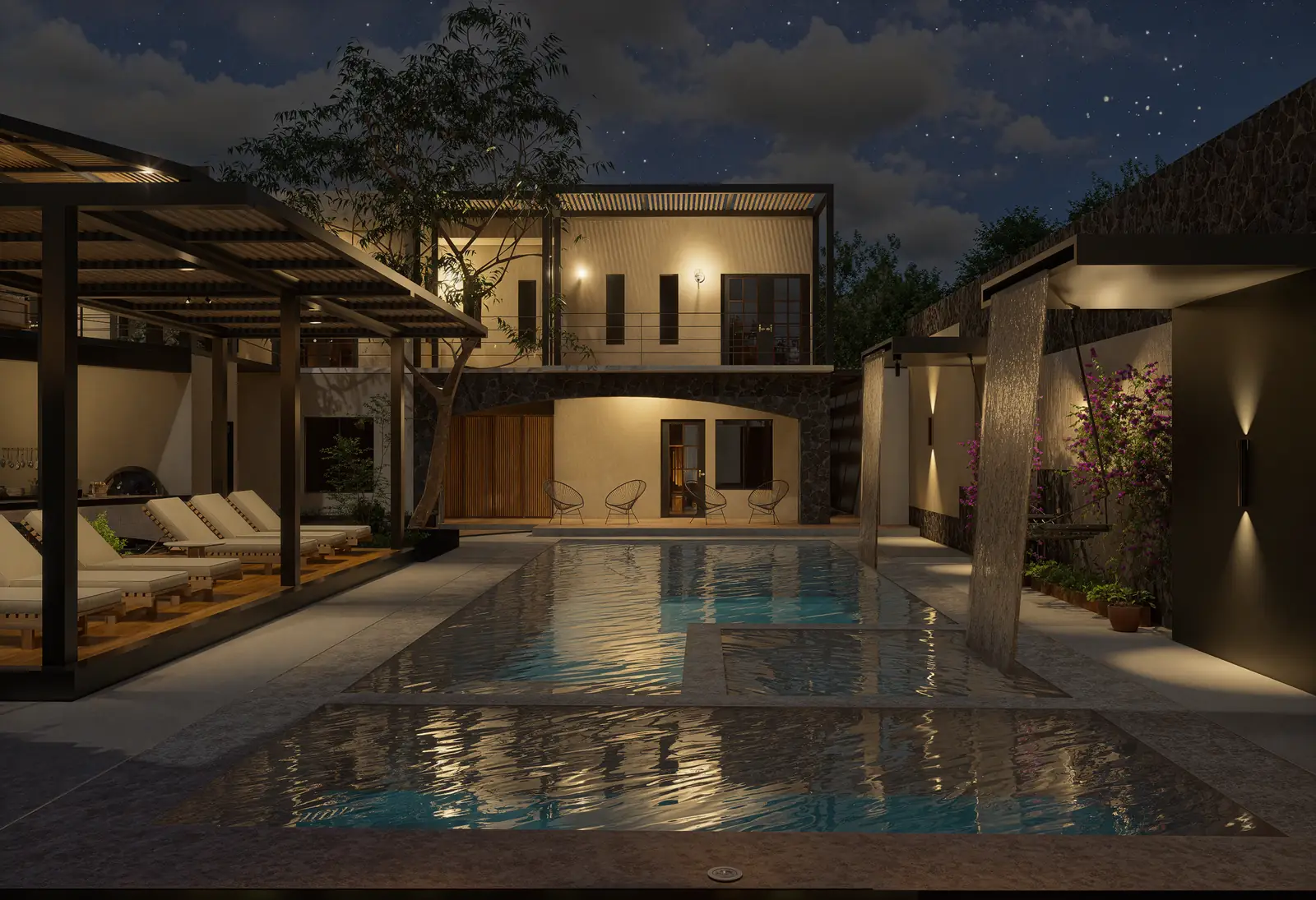 Render nocturno de la alberca de Casa Palomares