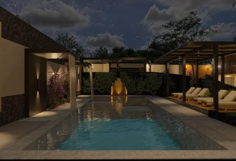 Alberca de Casa Palomares al atardecer, render
